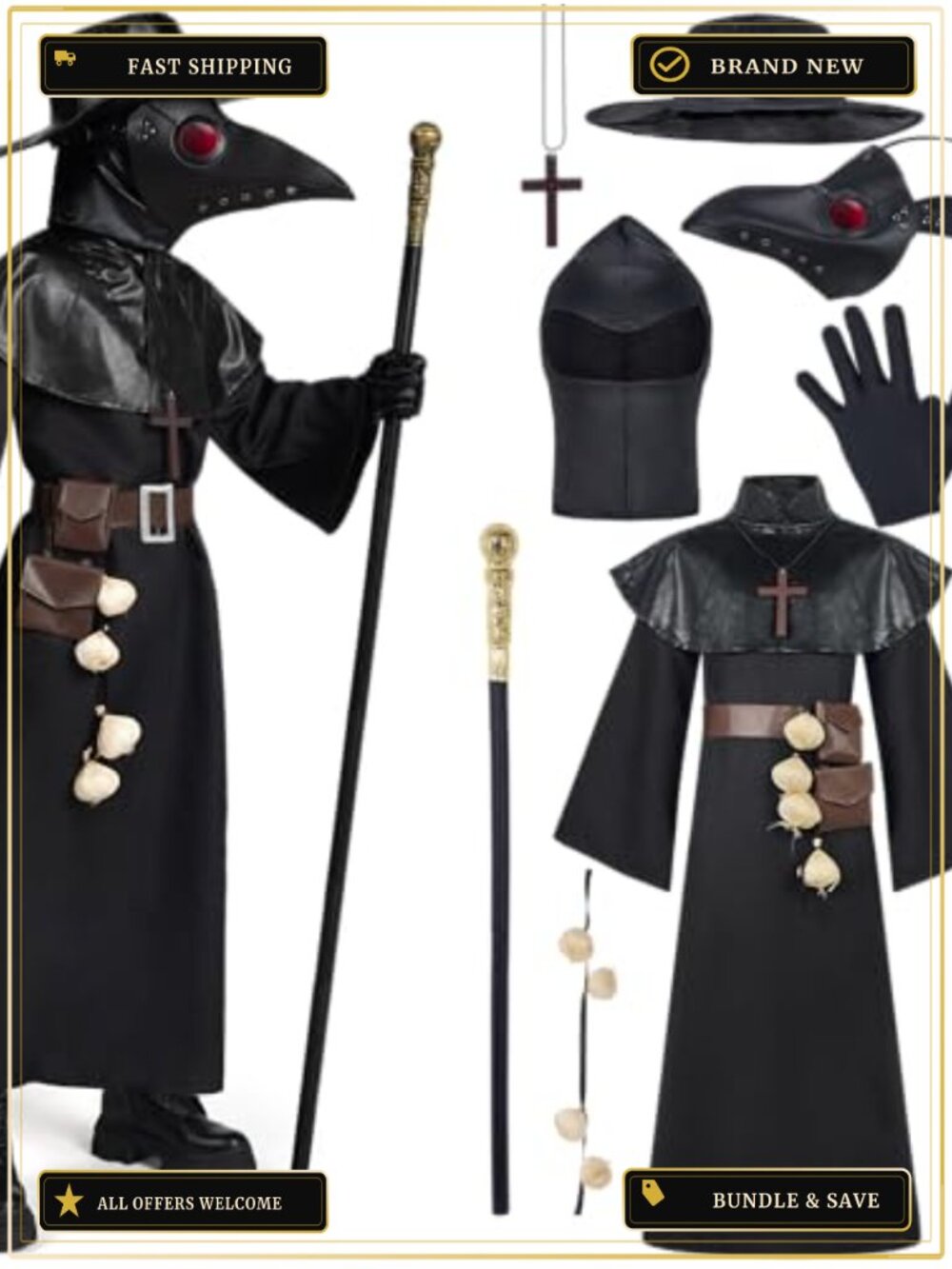 Kids Plague Doctor Costume 10-in-1 Halloween Set Robe Mask Cosplay